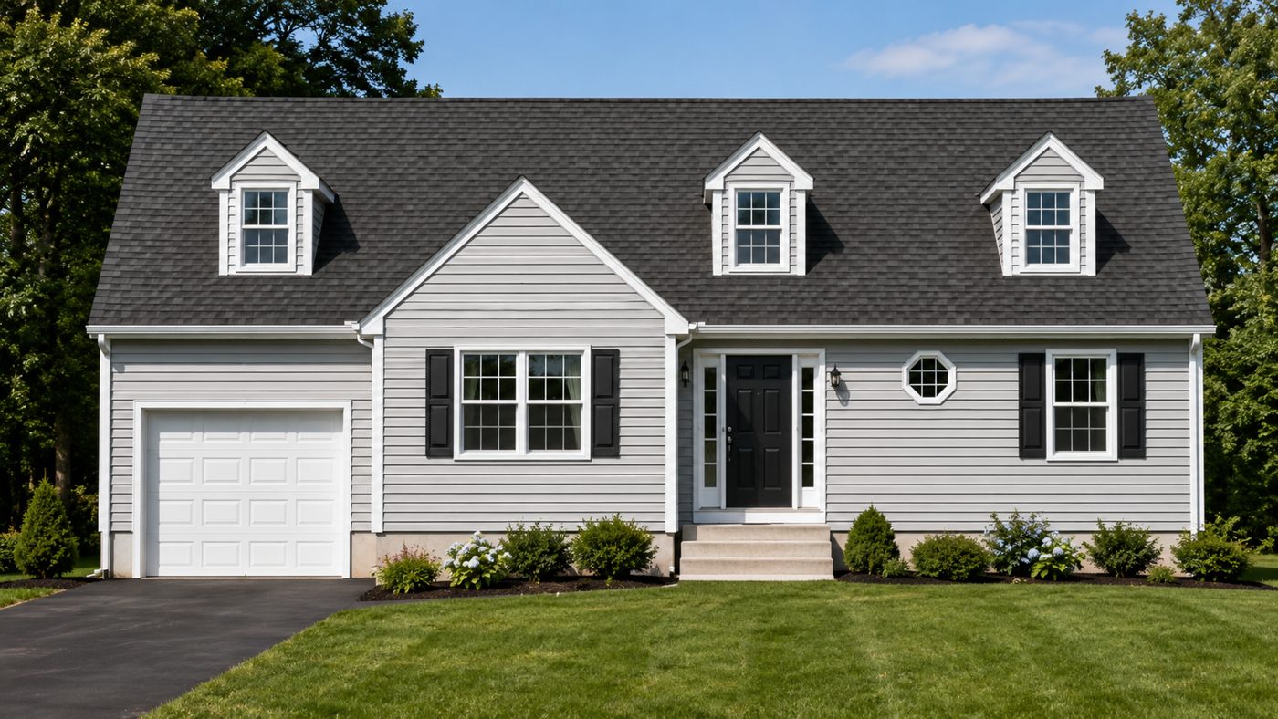 Cape-style modular home with three dormers and an attached garage
