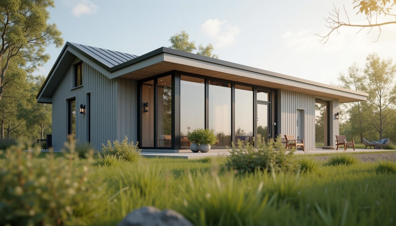 Modern single-story modular home with floor-to-ceiling glass and metal roof