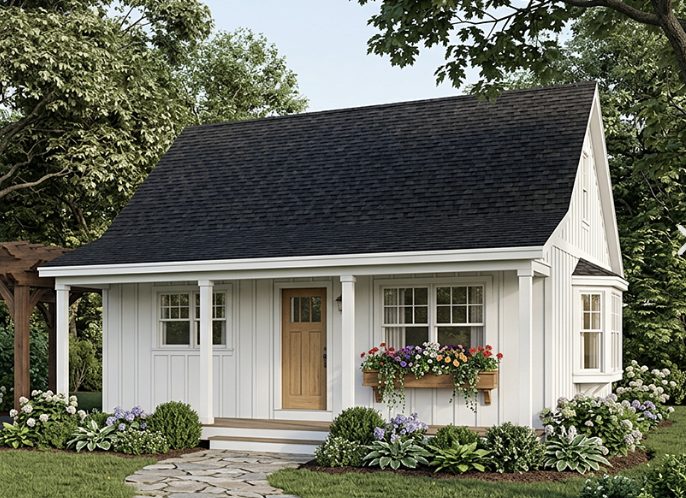 White cottage-style modular ADU with a front porch