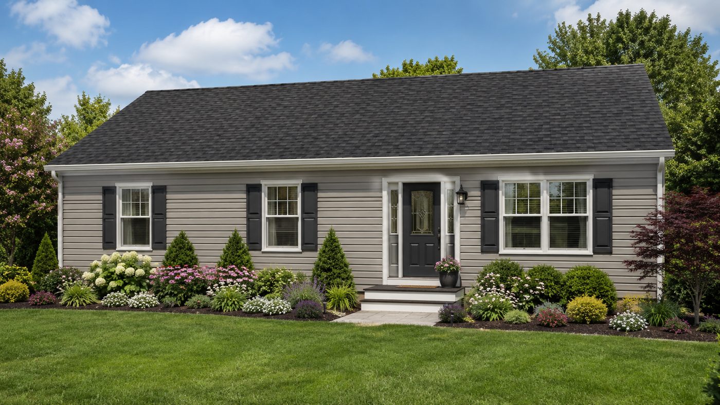 Gray ranch-style modular home with black shutters on a green lawn