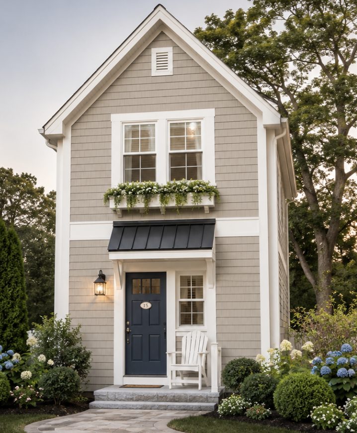 Narrow two-story modular home with window boxes and a covered entry